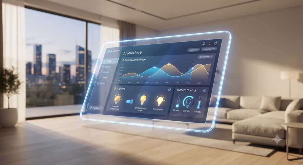 2026 model yapay zeka destekli akıllı ev kontrol paneli ve modern oturma odası