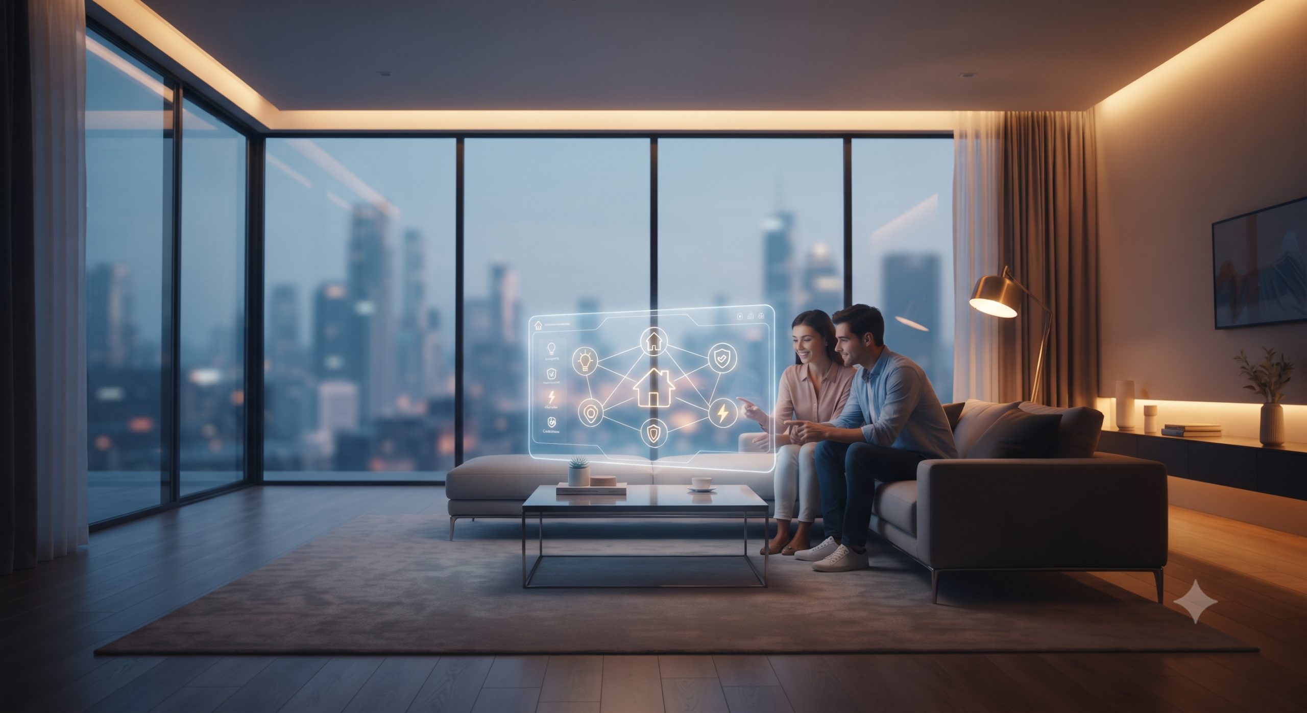 2026 yili akilli ev teknolojileri konsepti: holografik arayuz ve modern salon