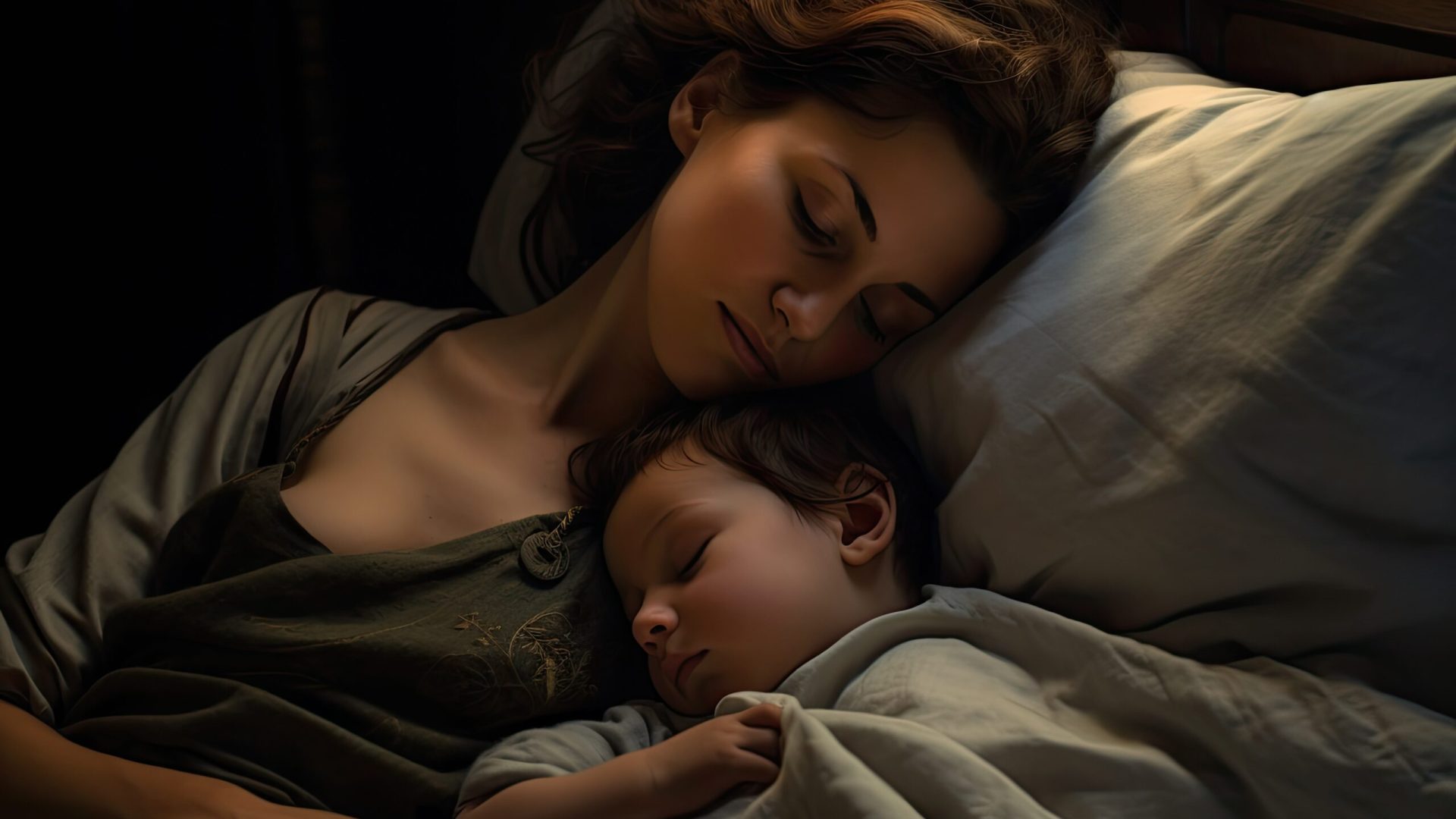 Beautiful young mother and her little son sleeping in bed at night, A mother with her baby son laying in the bed, AI Generated