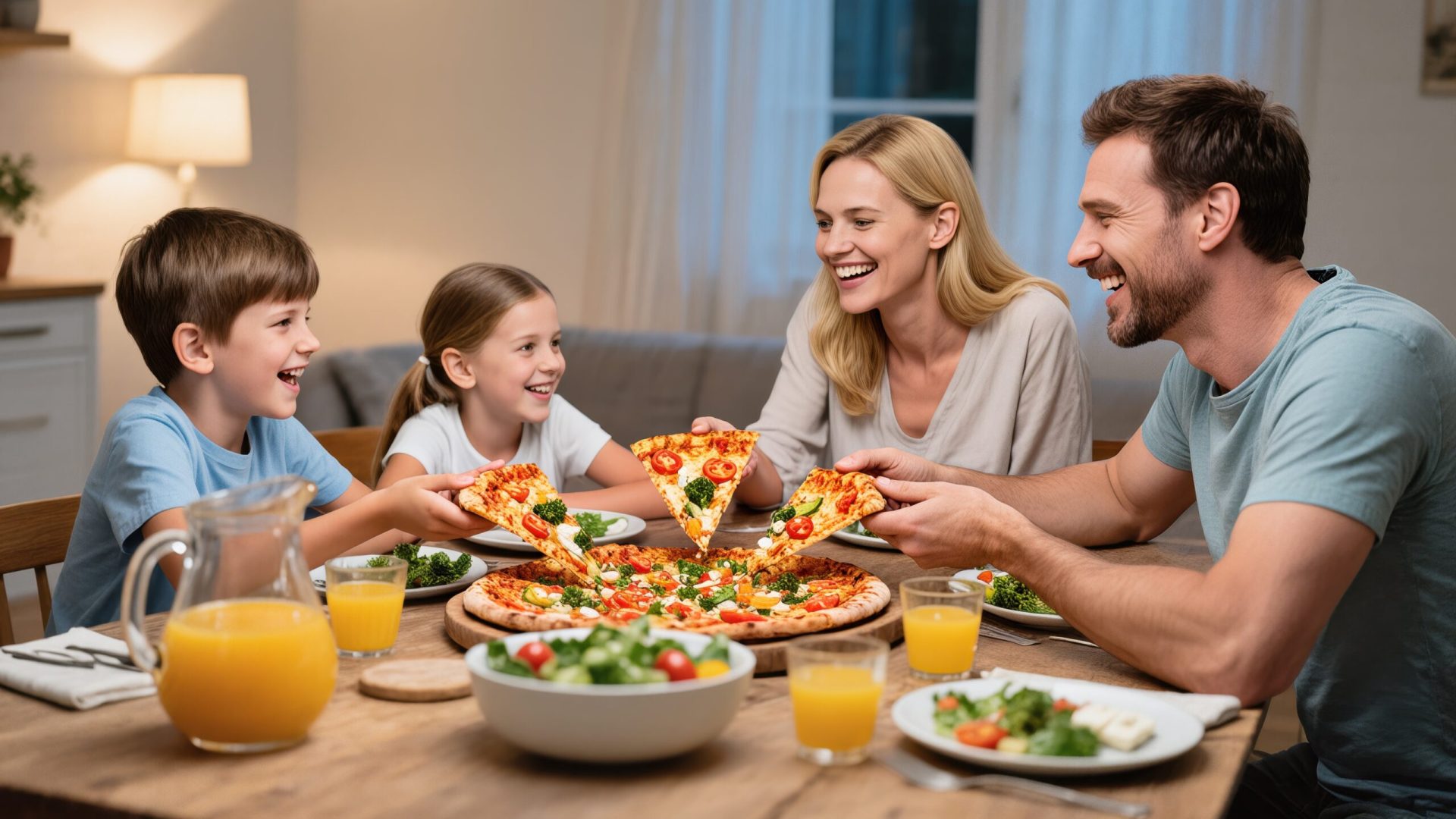 Four family members share a joyful dinner with pizza and salad, creating a warm atmosphere in their home.